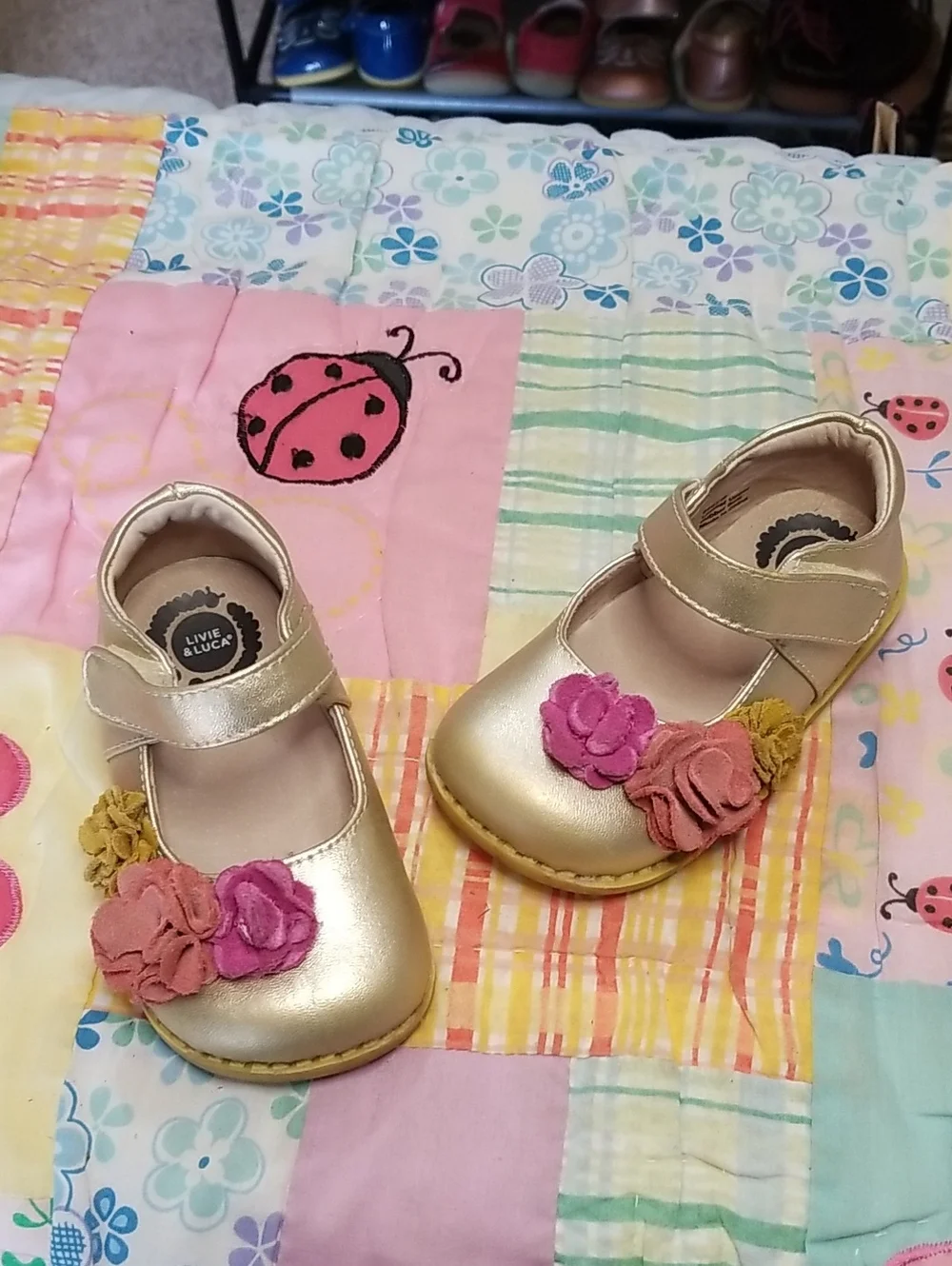 Livie & Luca Metallic Gold Leather Mary Janes w/Pink & Mustard Suede Flowers 6